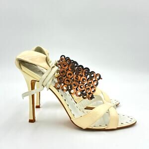 38.5 Manolo Blahnik White Patent Leather & Bronzed Metal Wrap Sandals Heels